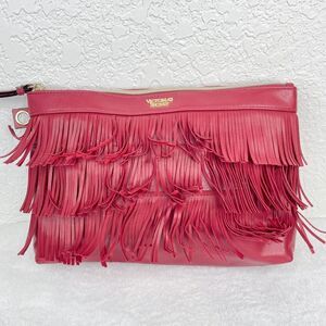 Victoria's Secret Bright Red Faux Leather Suede Fringe Zip Closure Clutch Purse